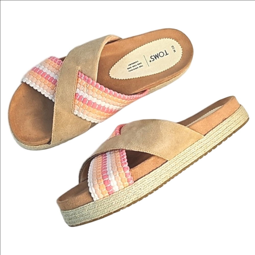 Toms Paloma Suede & Fabric Tan Pink Orange Slip-on Espadrille Slide Sandal
